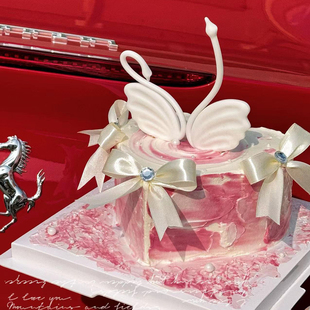 2025情人节唯美黑白天鹅蛋糕装饰摆件情侣表白丝带蝴蝶结甜品配件