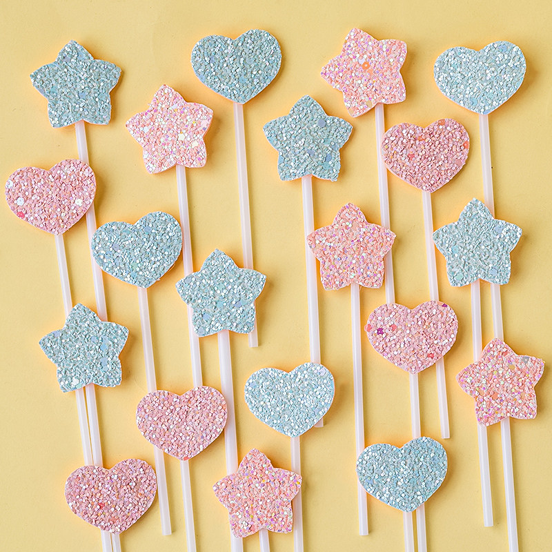 亮闪爱心星星蛋糕装饰摆件梦幻粉蓝色五角星爱心甜品烘焙装扮插件