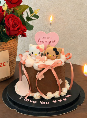 2026情人节卡通KT猫蛋糕装饰摆件爱心love卡片蜡烛情侣表白装扮