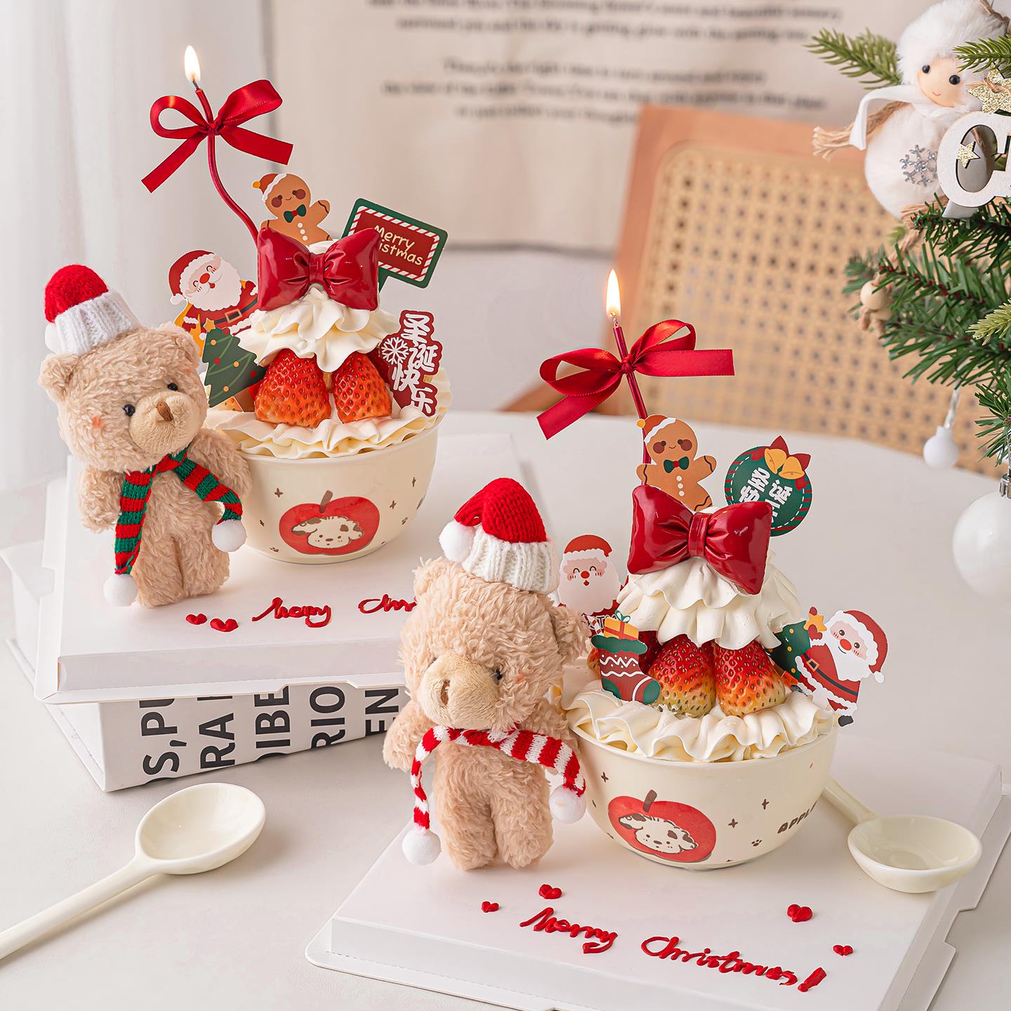 2026圣诞节毛绒小熊蛋糕装饰摆件苹果狗狗KT猫陶瓷碗节日甜品插件