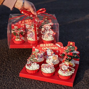 圣诞节纸杯蛋糕盒烘焙装饰圣诞树草圈叶子插件马芬杯手提袋配件