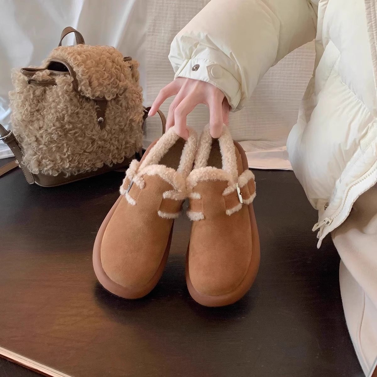 2026厚底磨砂皮博肯鞋女秋冬新款复古乐福鞋女加绒雪地毛毛棉鞋子,女鞋,时尚雪地靴,淘宝优惠券,粉丝福利购,淘宝优惠卷