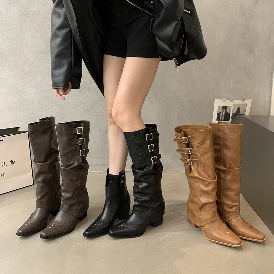 2026粗跟尖头复古堆堆靴长筒骑士靴女鞋新款秋冬季设计感两穿靴子,女鞋,骑士靴,淘宝优惠券,粉丝福利购,淘宝优惠卷