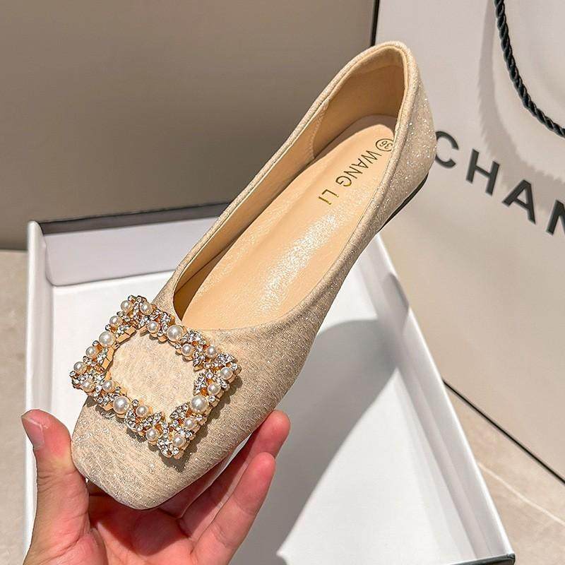 2026平底单鞋女新款方头珍珠扣瓢鞋百搭一脚蹬奶奶鞋女大码41—43,女鞋,玛丽珍鞋,淘宝优惠券,粉丝福利购,淘宝优惠卷