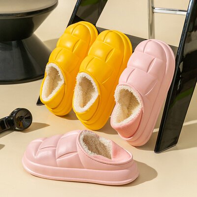 室内家居保暖棉拖鞋女防水防滑包跟月子鞋女秋冬季加绒厚底可外穿
