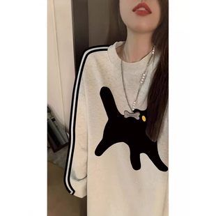 2026花灰色圆领卫衣女秋季新款小众美式oversize设计感三条杠上衣