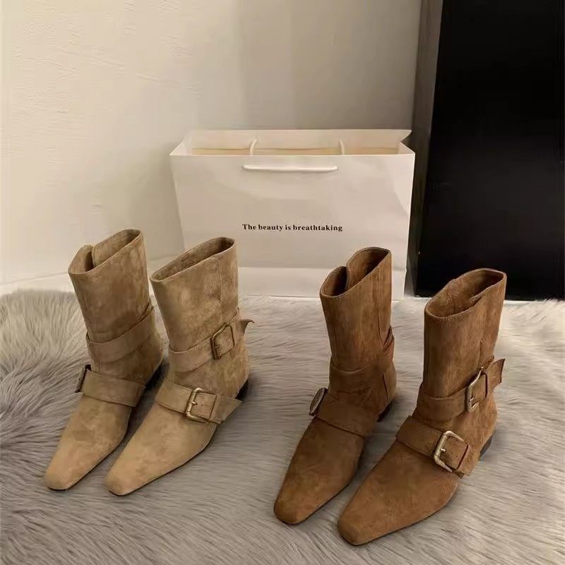 2026新款韩版小众设计复古法式短靴小方头西部靴麂皮中筒靴女靴子,女鞋,时尚雪地靴,淘宝优惠券,粉丝福利购,淘宝优惠卷