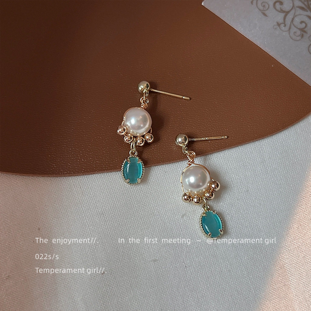 森系小清新~925银针镀14K玻璃猫眼石耳环个性ins耳饰工厂耳钉批发