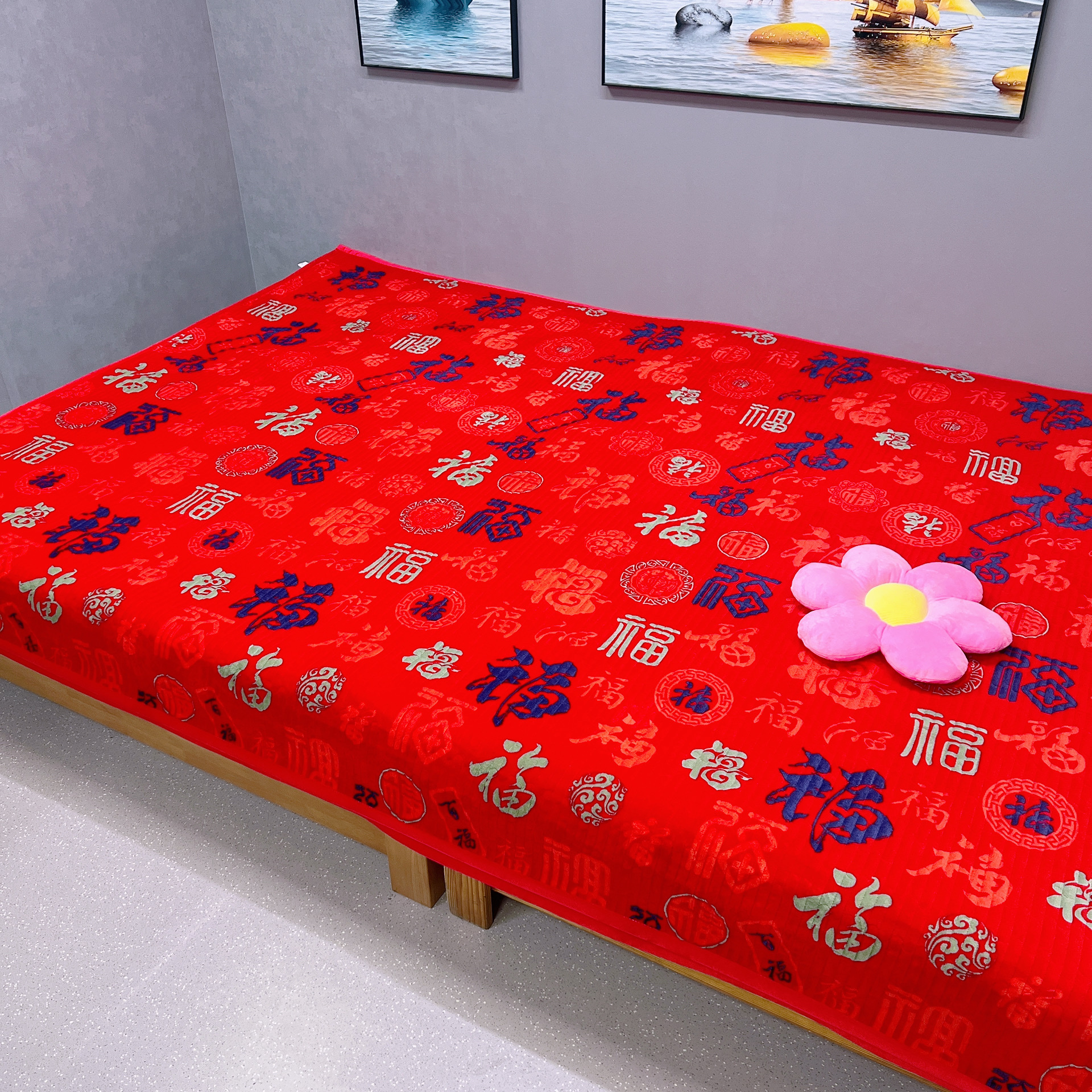 新款双面百福牛奶绒柔软夹棉炕盖榻榻米火炕床毯三件套四季通用