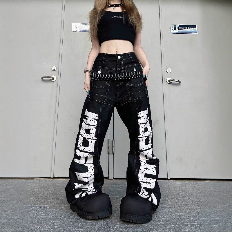 美式复古街头结构字母印花弯刀牛仔裤男女vintage宽松直筒阔腿裤