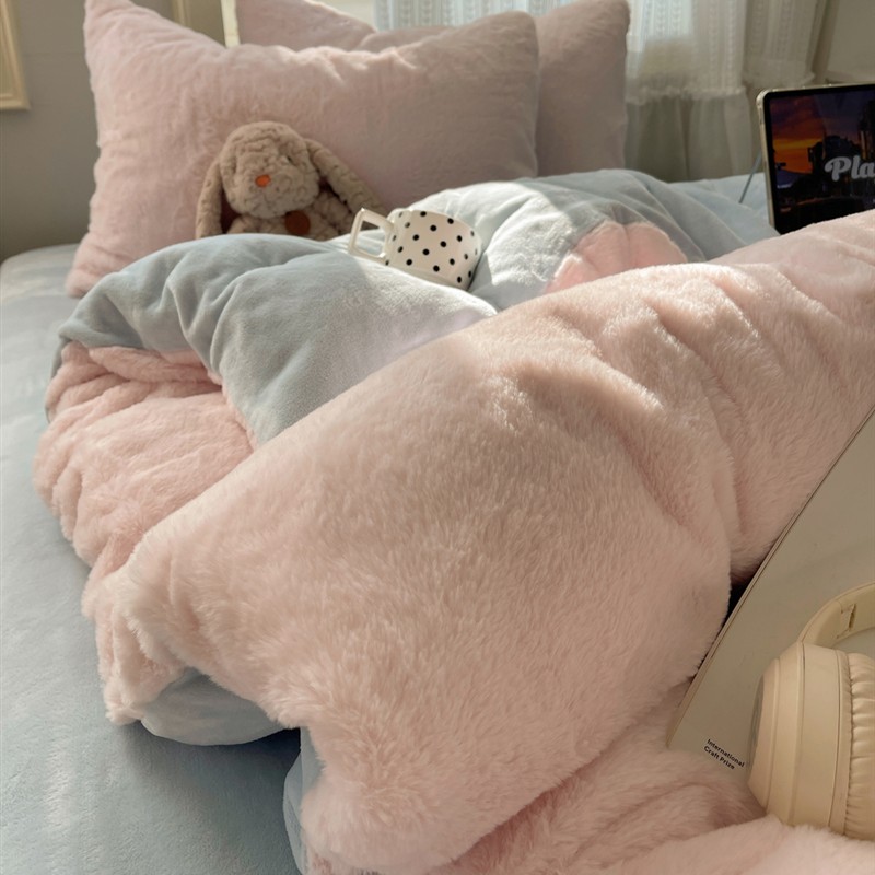 加厚獭兔绒保暖四件套少女心奶油双拼珊瑚绒被套牛奶绒学生三件套