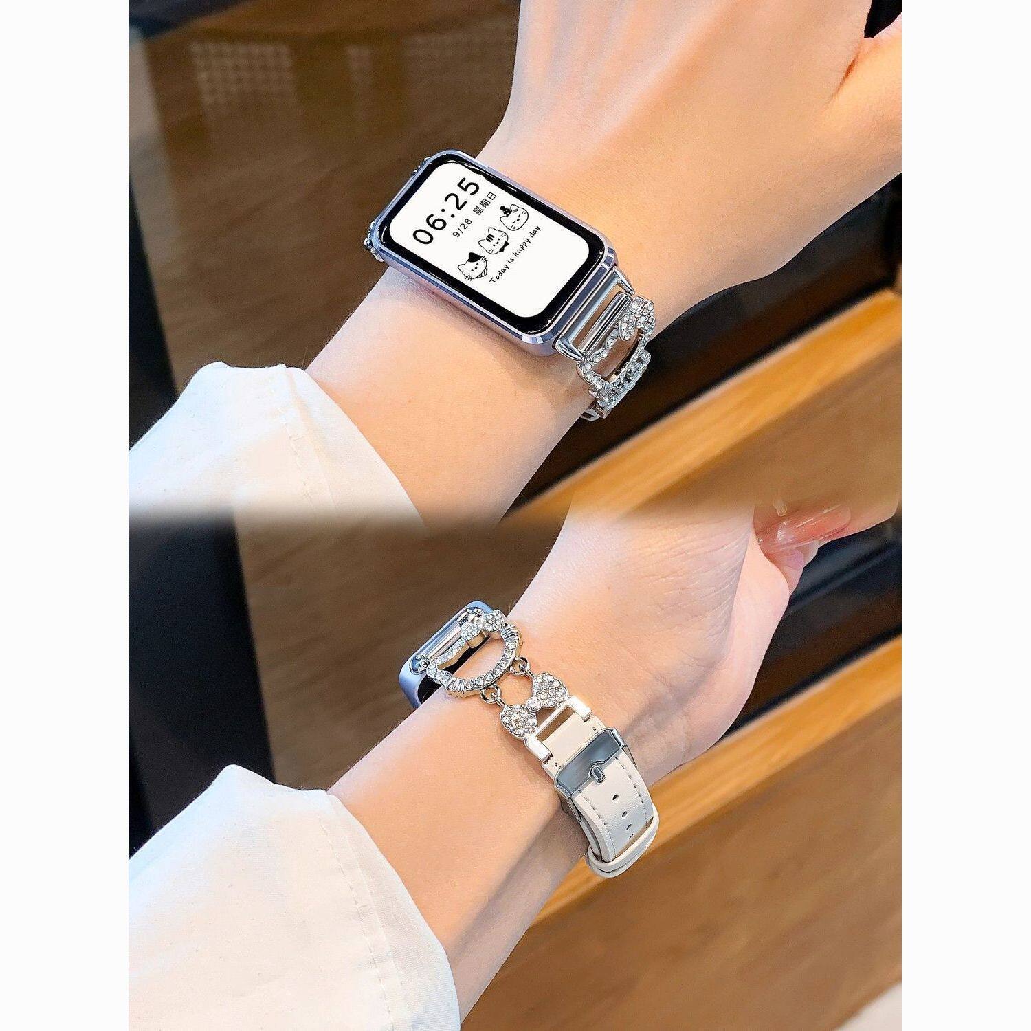 kt猫适用华为手环11表带pro皮质10nfc镶钻荣耀98手表fit4女款腕带