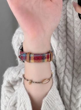 适用小米手环9Pro表带小蛮腰彩虹毛呢皮质miband8Pro4腕带红米6/5