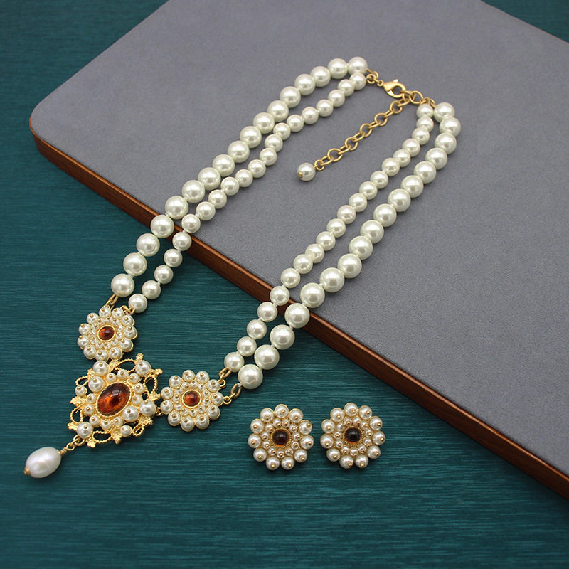 中古回流款珍珠项链香奶奶琉璃珍珠项链耳环套装焦糖色琉璃毛衣链