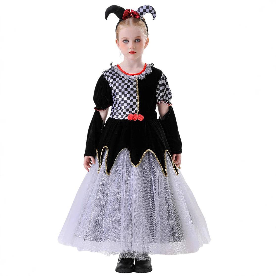 万圣节六一儿童演出cos服装角色扮演纱裙恶魔小丑小女孩可爱跨境