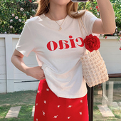 Rose意大利语 你好 字母印花白色t恤上衣法式 Lily 休闲宽松短袖