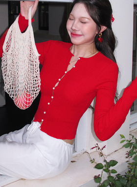 Lily Rose野玫瑰 法式复古珍珠镂空针织开衫女修身显瘦长袖上衣