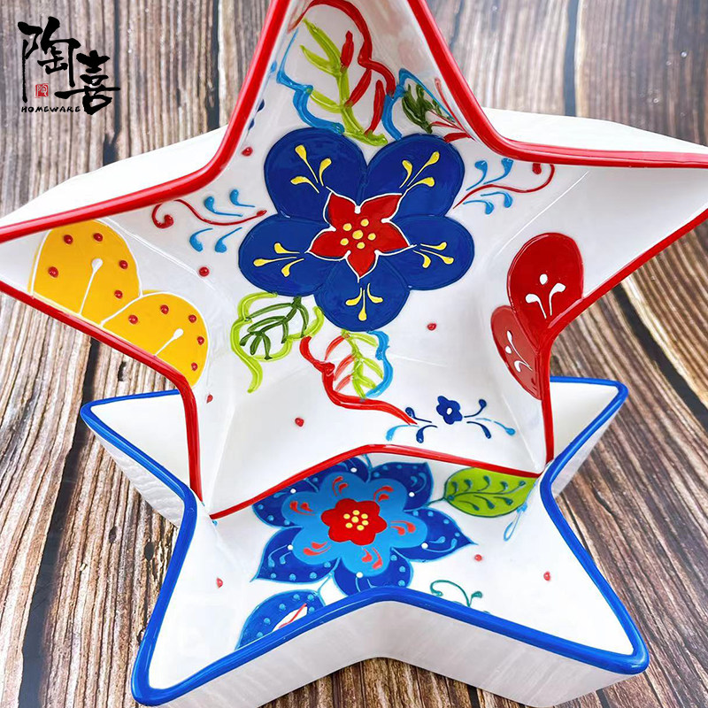 土耳其浮雕立体手绘彩绘星星盘子圣诞造型餐盘水果点心盘摆拍道具