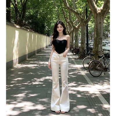 韩女气质白色微喇牛仔裤女2025夏季基础款高腰修身显瘦喇叭长裤