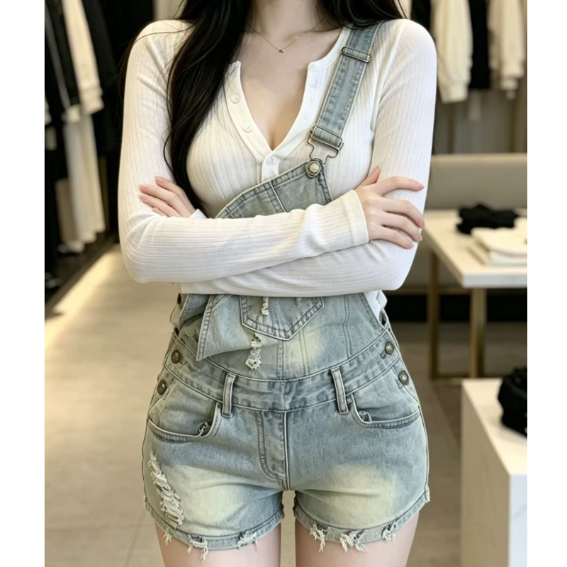 纯欲俏皮做旧破洞牛仔背带短裤女2025年夏季新款收腰修身显瘦热裤