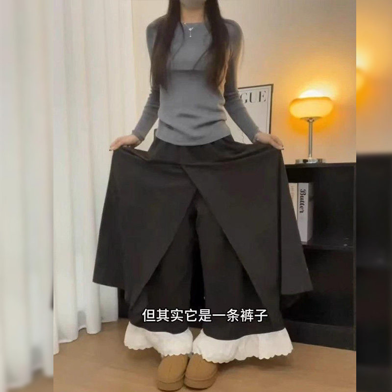 拼接蕾丝花边阔腿裤女2025新大码裤装