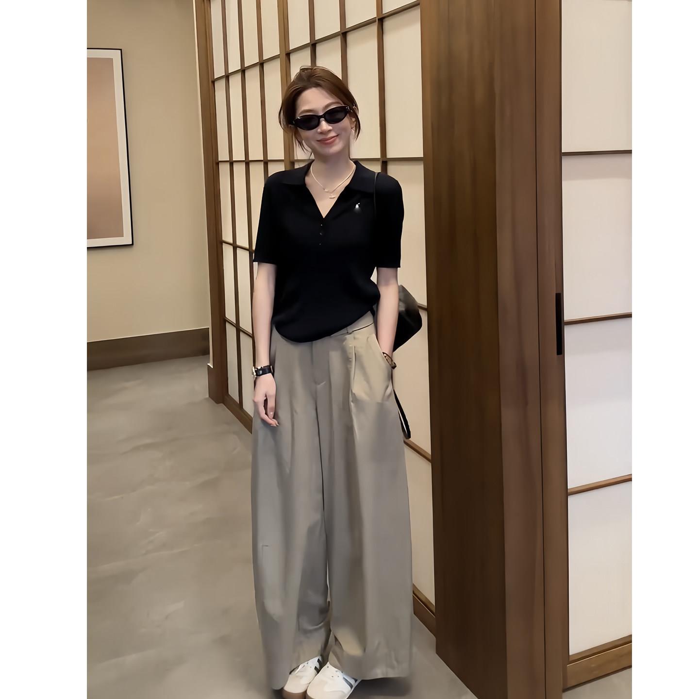 夏天穿搭一整套韩系藏青polo领短袖上衣阔腿裤女夏修身显瘦两件套