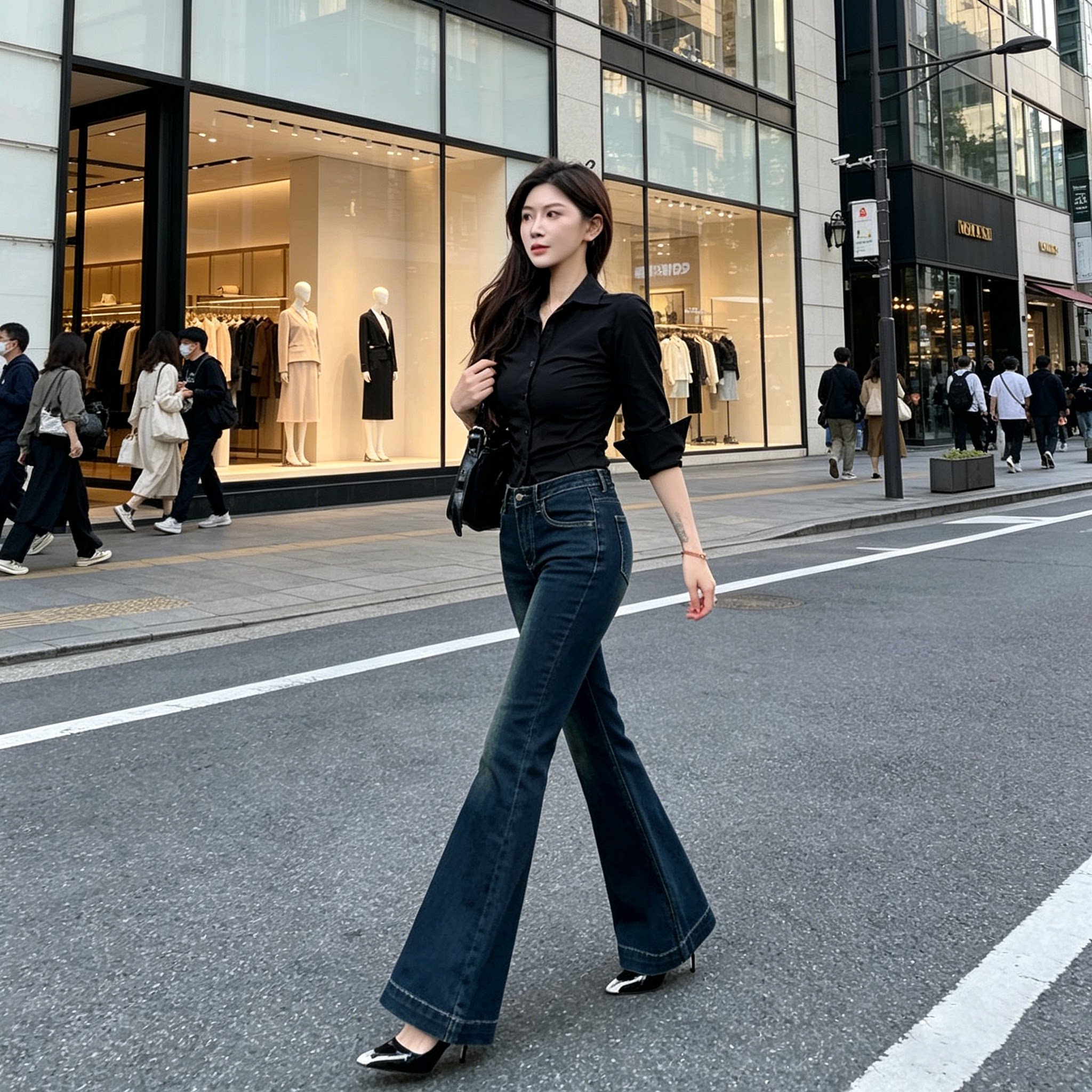 蓝灰色水洗微喇牛仔裤女中低腰2025夏季新款潮流修身显瘦喇叭长裤