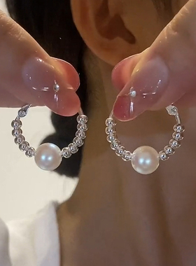 轻奢珍珠碎银子圈圈耳环925银针高级感气质耳圈耳扣显脸瘦耳饰品
