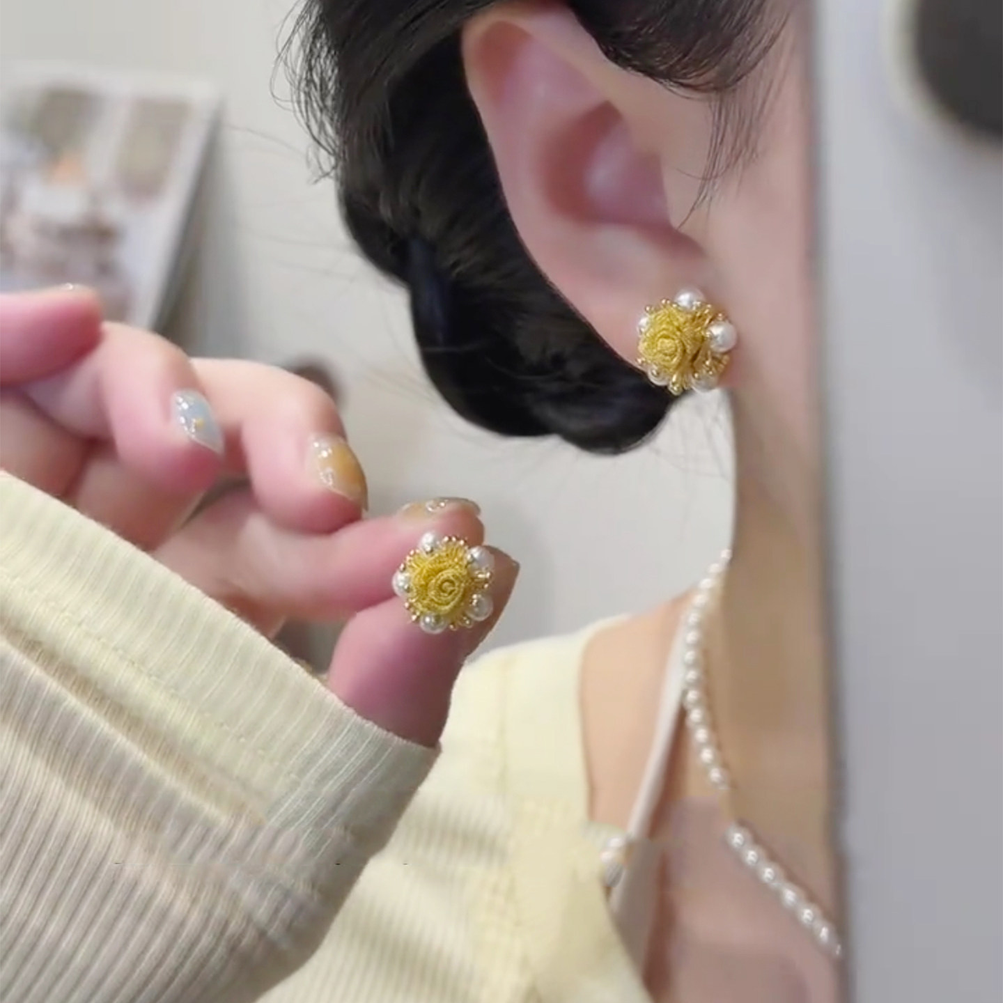 925银针玫瑰花珍珠耳钉