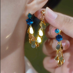 大气轻奢高级感蓝色水晶亮片流苏耳环新款潮独特气质显瘦长款耳饰