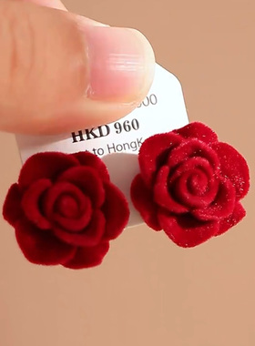 925银针红色玫瑰花朵耳钉