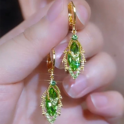 银针精致轻奢绿色水晶叶子耳环