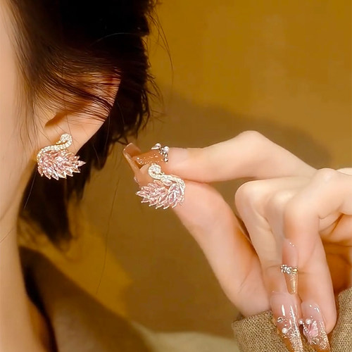 925银针粉色锆石小天鹅耳钉