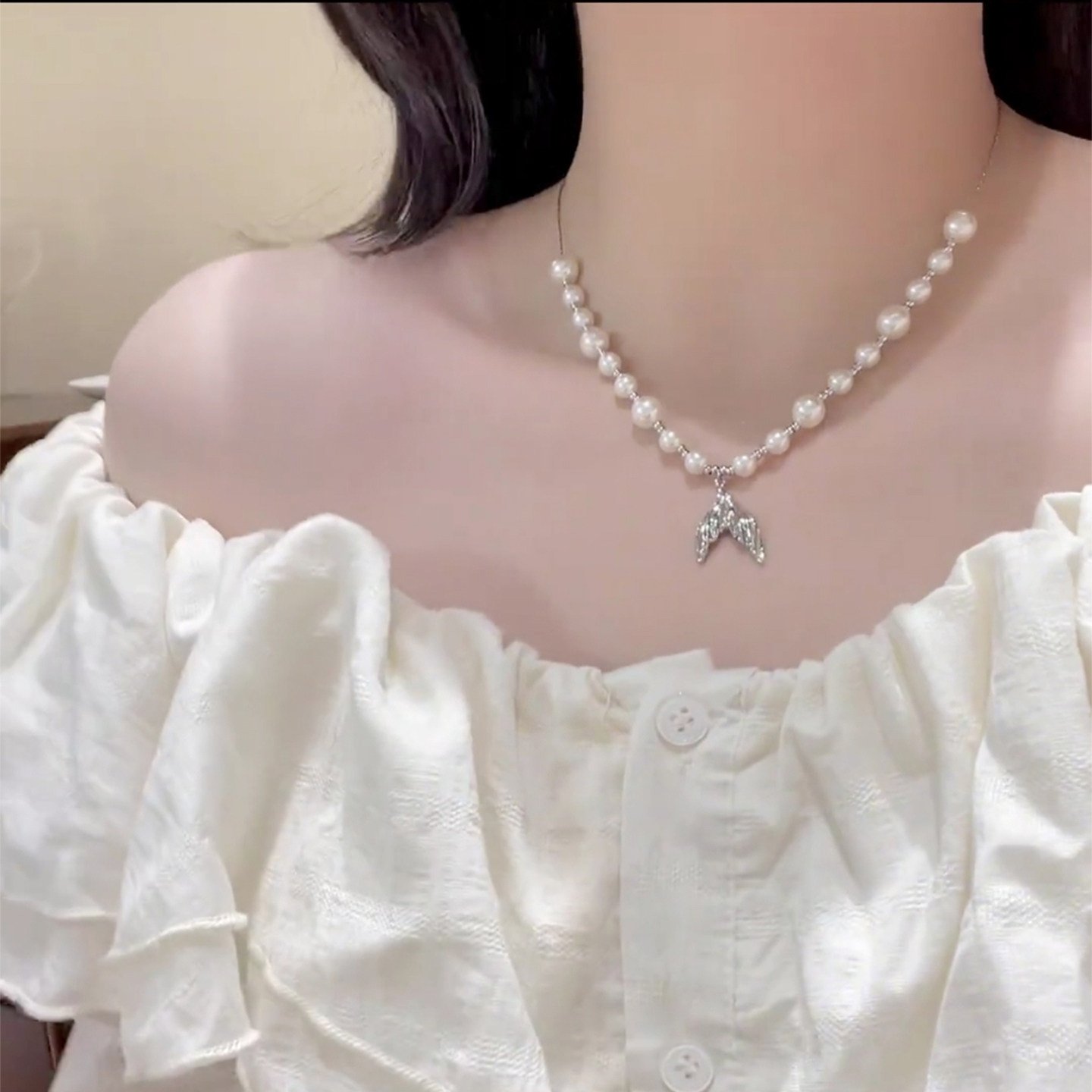 鱼尾珍珠项链女抽拉调节颈链轻奢百搭高级感长款锁骨链时尚脖子饰