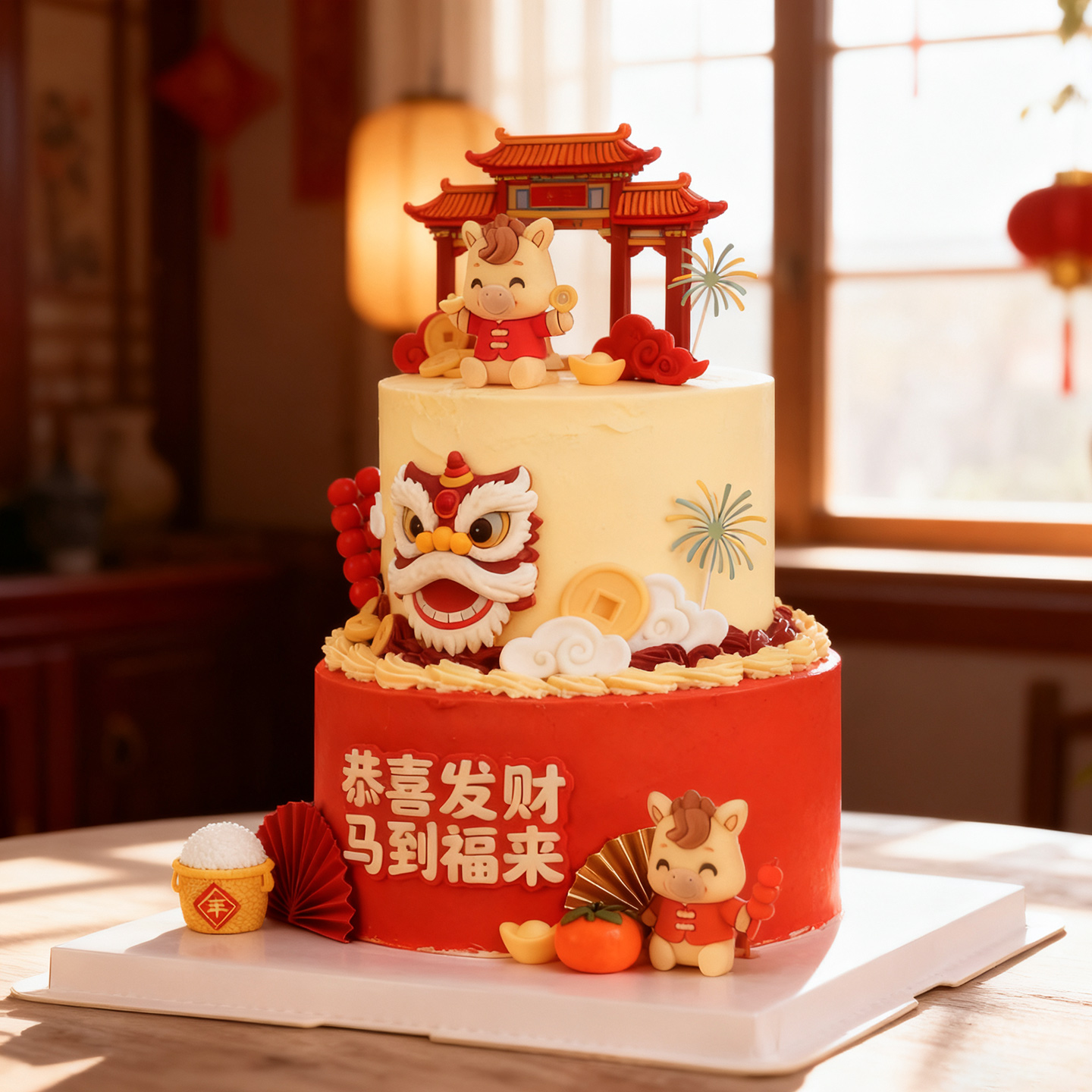 新年春节卡通小马蛋糕玩偶摆件