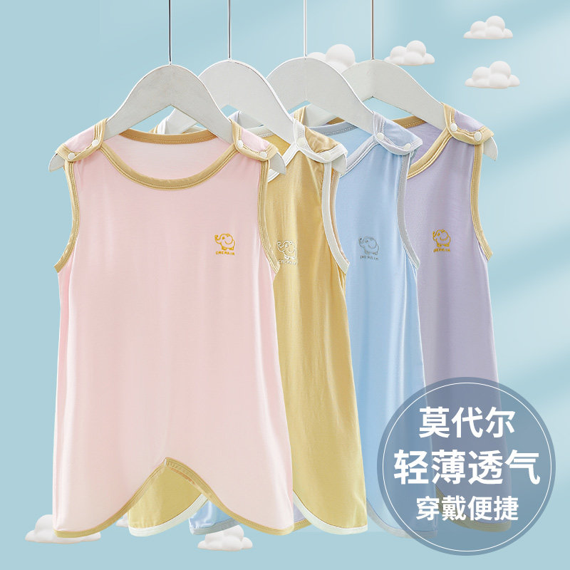 婴儿夏季背心睡袍莫代尔薄款空调睡衣连体衣宝宝无袖护肚爬服睡裙