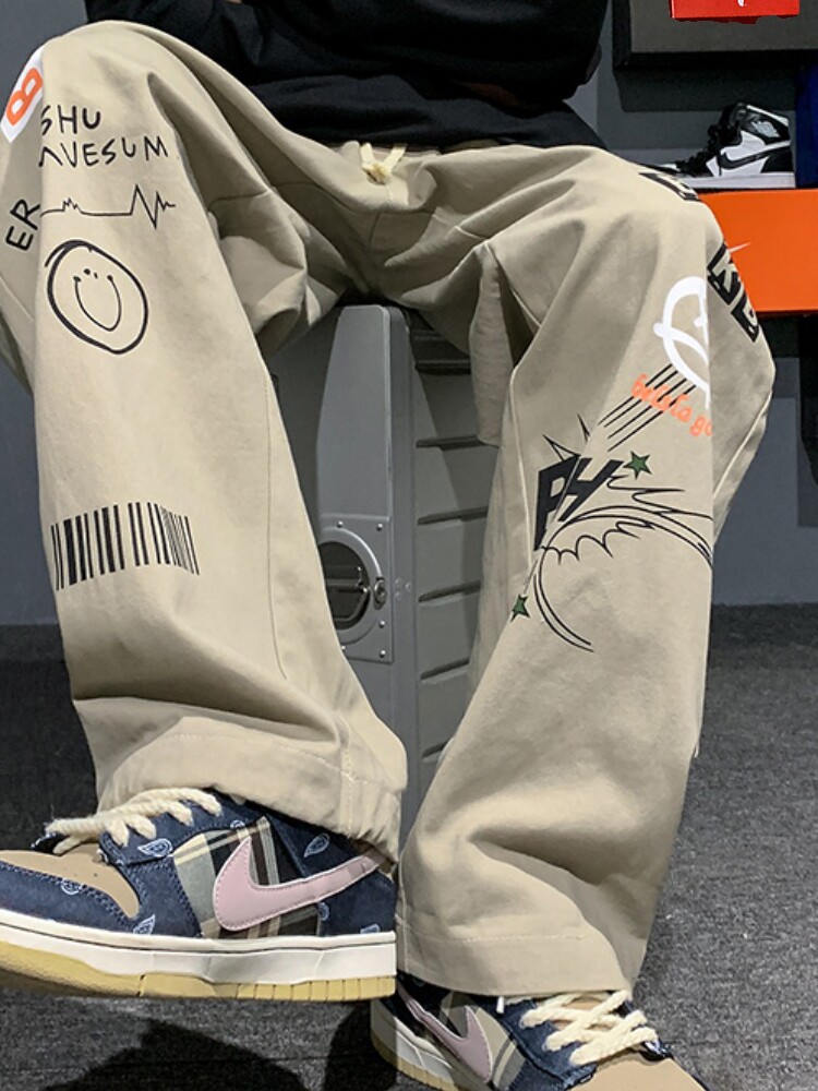 일본 낙서 작업복 남성 여름 얇은 유행 브랜드 지방 대형 캐주얼 바지 스트레이트 루즈 와이드 레그 팬츠