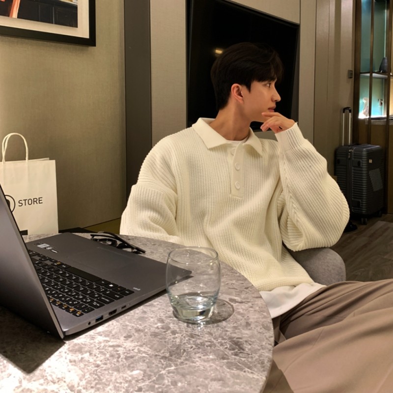 thumbnail for Heavyweight polo neck knitwear, men's autumn Hong Kong style, retro solid color roll-neck sweater, lazy style, casual and versatile thread