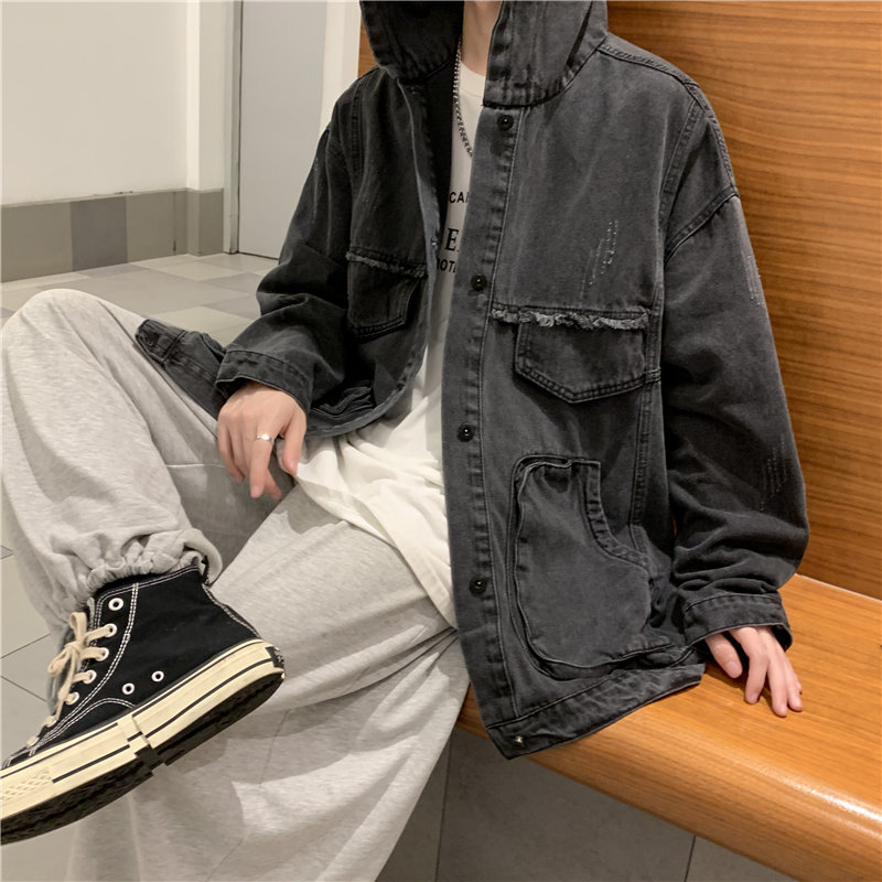 후드 데님 재킷 남성 한국 스타일 트렌디 브랜드 코트 루즈한 가을 탑 인터넷 연예인 홍콩 스타일 재킷 트렌디 인