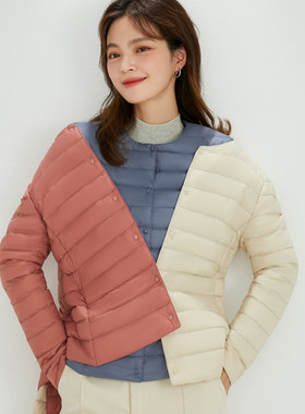 秋冬女式轻薄款纯色圆领V领长袖内胆羽绒服大码9绒