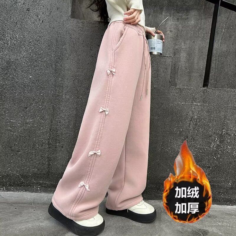 女童粉色蝴蝶结运动裤加绒保暖冬