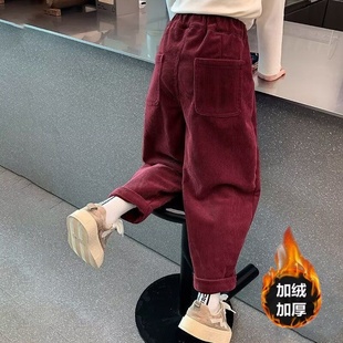 女童红色灯芯绒裤2025秋冬新款一体加绒加厚直筒裤儿童冬装灯笼裤
