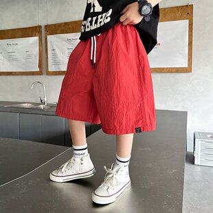 男童红色短裤夏季薄款2025新款中大童男孩韩版休闲宽松速干五分裤
