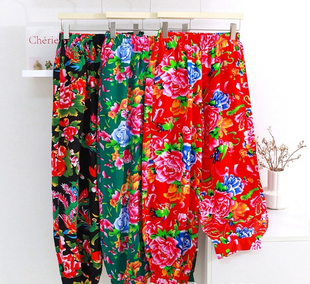 男女装 民族风 春夏新款 长裤 东北大花裤 宽松休闲沙滩裤 绵绸灯笼裤