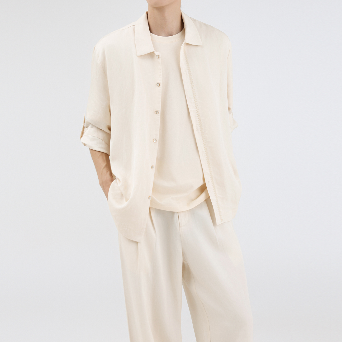 悦己诚品 天丝亚麻混纺老钱风古巴领宽松休闲长袖衬衫外套秋男款