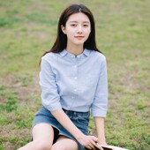 上衣 清新文艺学生娃娃领纯棉衬衣2026春秋新款 条纹衬衫 女七分袖