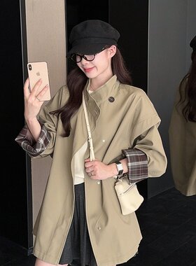 实拍 大码英伦风复古高级撞色中长款宽松风衣外套