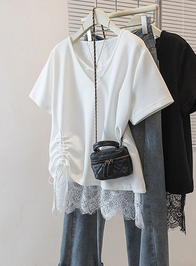 实拍大码女装韩版新款高级潮流单抽绳设计蕾丝拼接通勤宽修身上衣