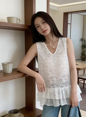 实拍 大码女装 春夏甜美风法式无袖镂空设计感显瘦气质V领背心