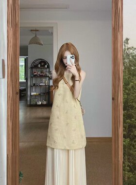黄一粒 NORA STUDIO重工蝴蝶结钉珠小香风假两件连衣裙女夏无袖裙